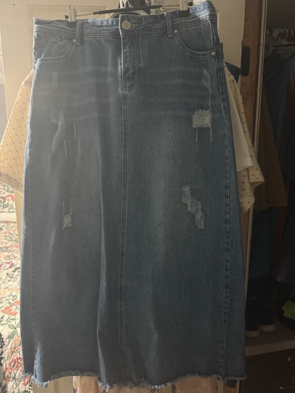 Distressed Dark Wash Denim Maxi Skirt